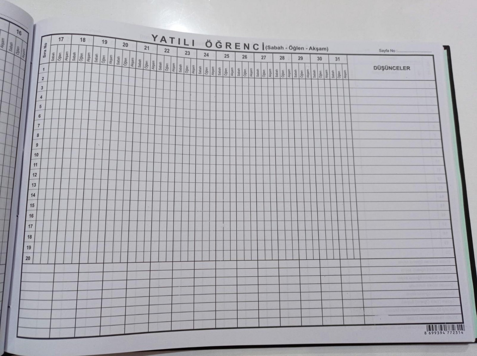 Kocaoluk Yatılı Öğrenci Yoklama Defteri(sabah-öğlen-akşam)(200 Ya Kocaoluk Yatılı Öğrenci Yoklama Defteri(sabah-öğlen-akşam)(200 Ya