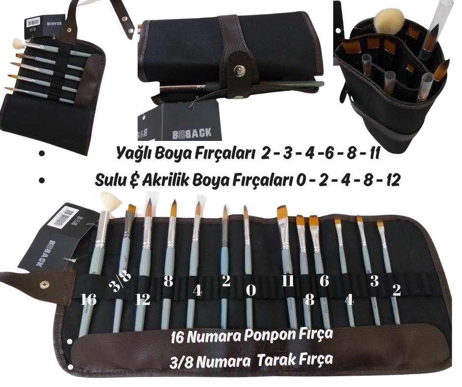 Sanatsal Suni Deri Rolu Kalemlik 36'lı & Brons Yağlı ve Sulu & Akrilik  Boya Fırçaları