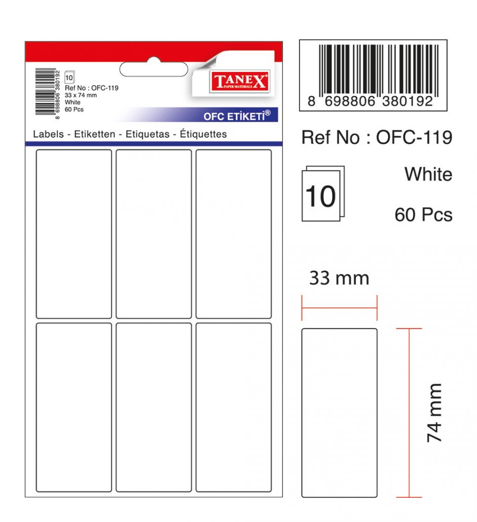 Tanex Beyaz Etiket Ölçü : 33×74 Mm  Ofc-119