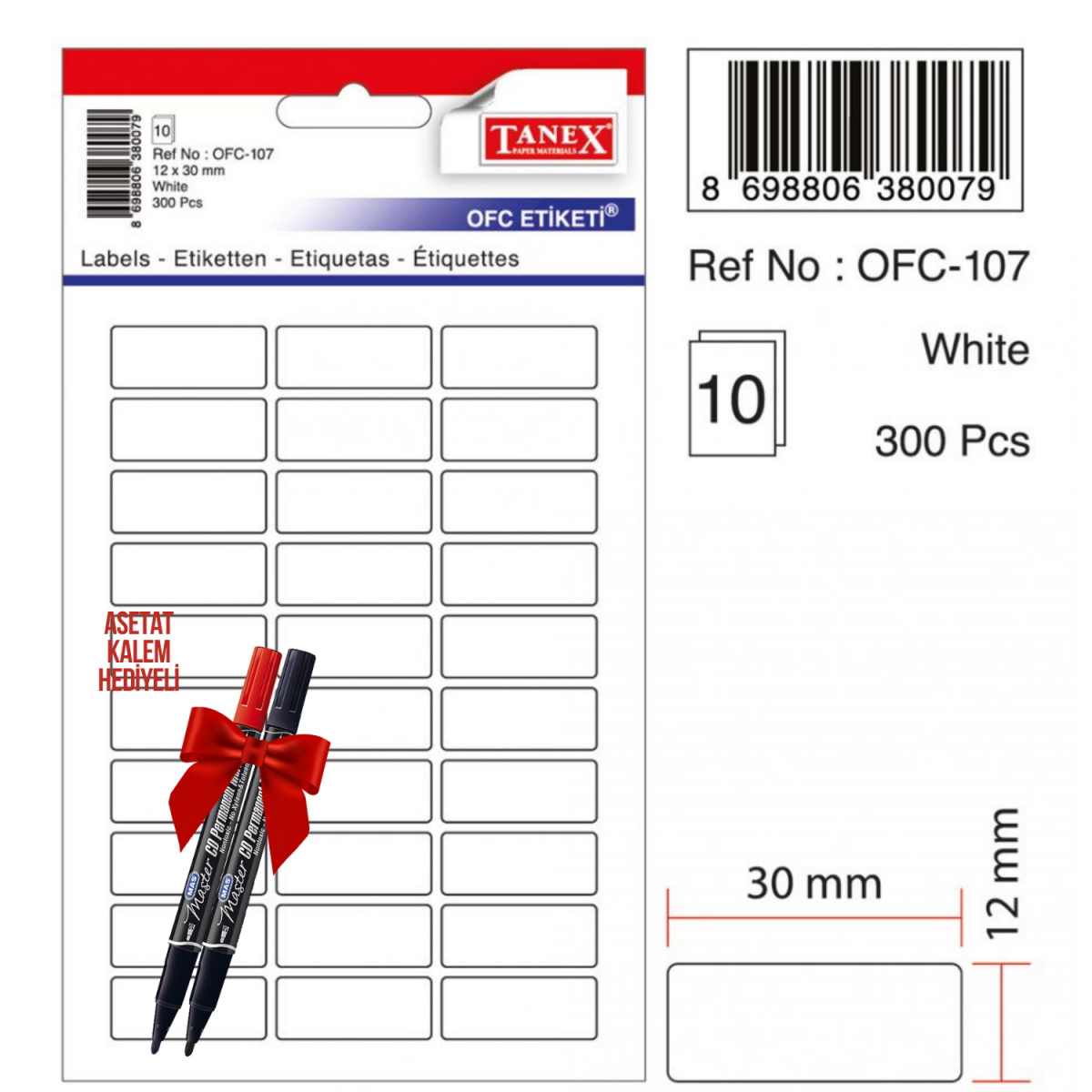 Tanex OFC-107 30x12 Mm Beyaz Ofis Etiketi 10 sayfa 2'li Asetat Kalem Hediyeli Tanex OFC-107 30x12 Mm Beyaz Ofis Etiketi 10 sayfa 2'li Asetat Kalem Hediyeli
