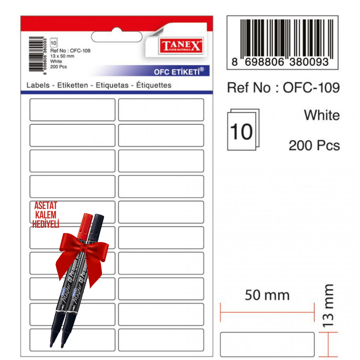 Tanex OFC-109 50x13 Mm Beyaz Ofis Etiketi 10 sayfa 2'li Asetat Kalem Hediyeli