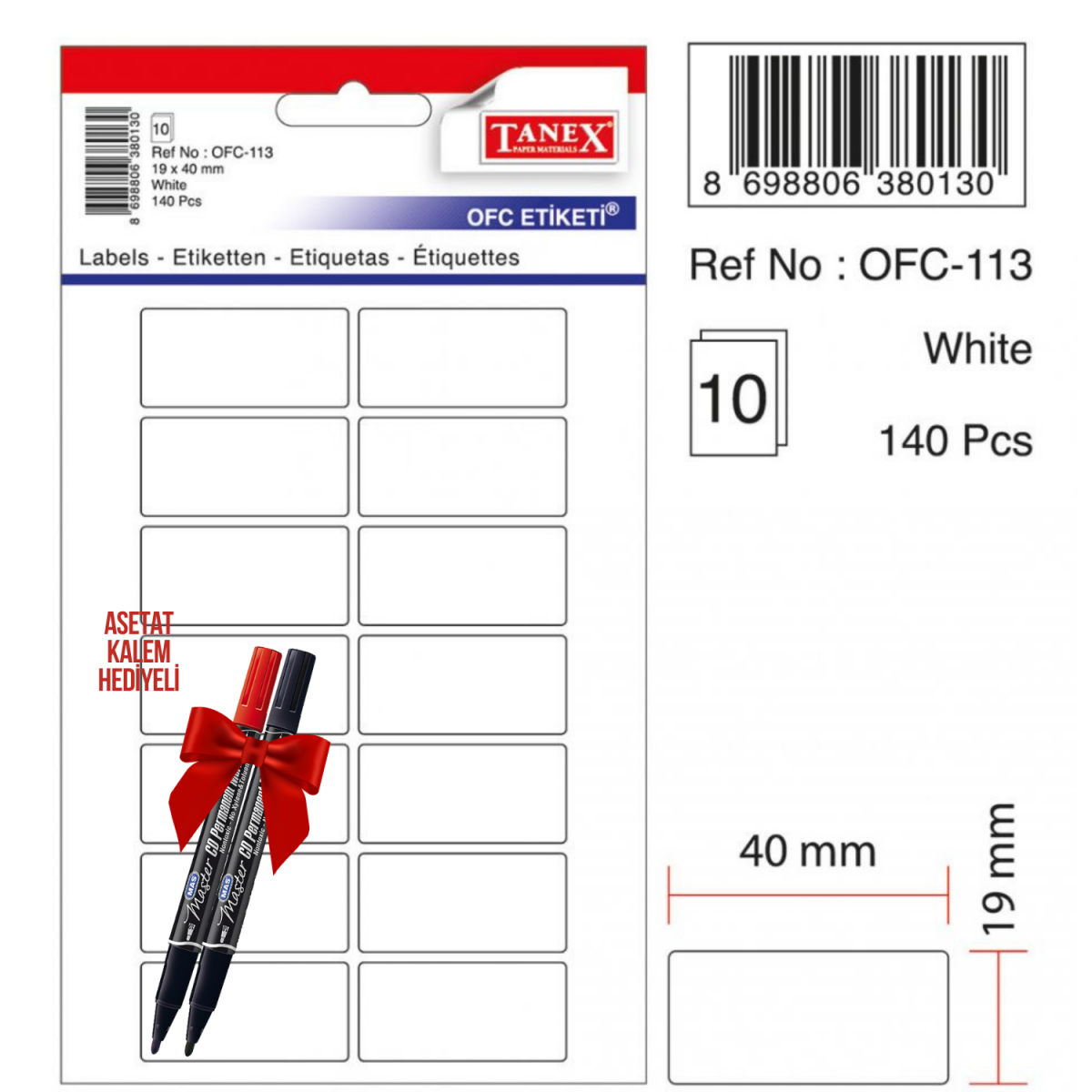Tanex OFC-113 40x19 Mm Beyaz Ofis Etiketi 10 sayfa 2'li Asetat Kalem Hediyeli Tanex OFC-113 40x19 Mm Beyaz Ofis Etiketi 10 sayfa 2'li Asetat Kalem Hediyeli