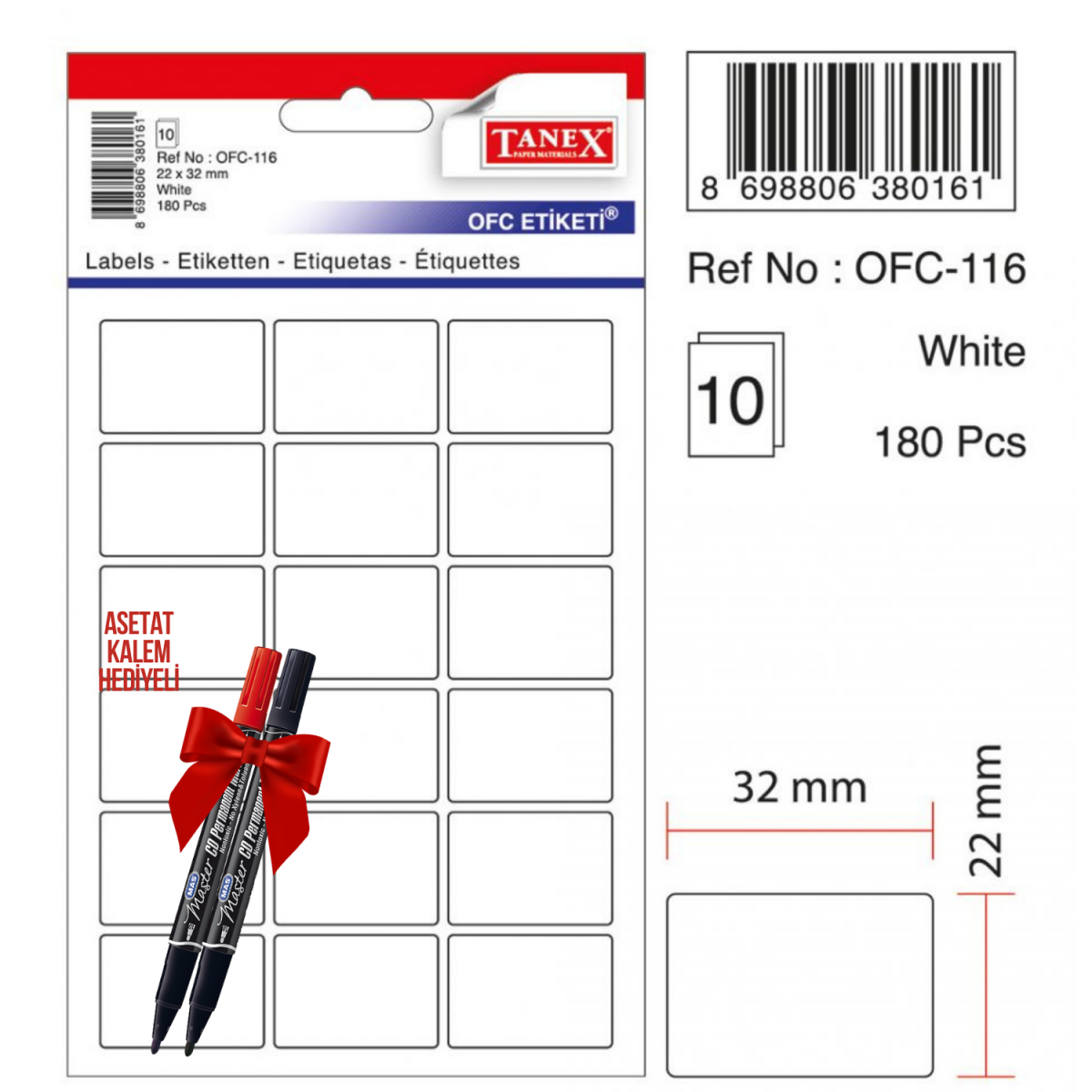 Tanex OFC-116 32x22 Mm Beyaz Ofis Etiketi 10 sayfa 2'li Asetat Kalem Hediyeli Tanex OFC-116 32x22 Mm Beyaz Ofis Etiketi 10 sayfa 2'li Asetat Kalem Hediyeli