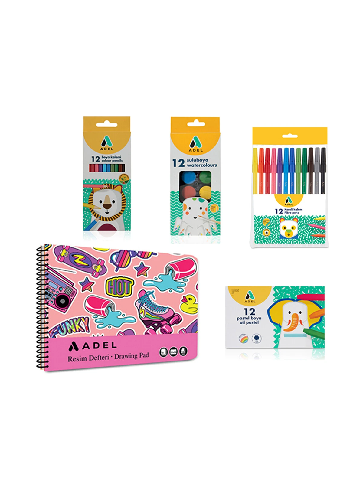 Adel 4’lü Set,Resim Defteri 25x35,Kuru Boya,Keçeli Kalem,Pastel Boya,Suluboya