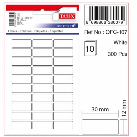 Tanex OFC-107 ( 30 mm * 12 mm ) BEYAZ OFİS ETİKETİ ( 10 Paket )