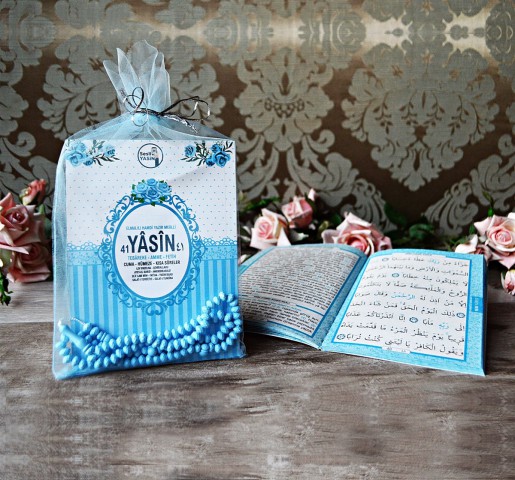 Tül Kese İçinde Tesbihli Çanta Boy 80 Sayfa Yasin Kitabı Mavi